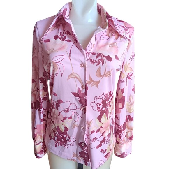Medium True Vintage Disco Top Blouse 1970's Pink Flowers Floral Print Stretch - Picture 2 of 6